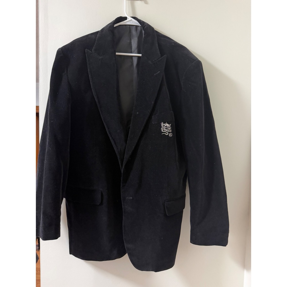 Pronto Velveteen Blazer Mens L Black Good Dragon Embroidery Suit Jacket